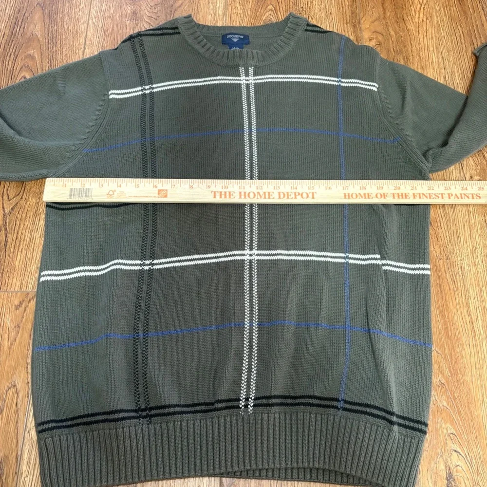 90s Dockers Mens L Tall LT Olive Green Plaid Cotton Crewneck Sweater Knit preppy
